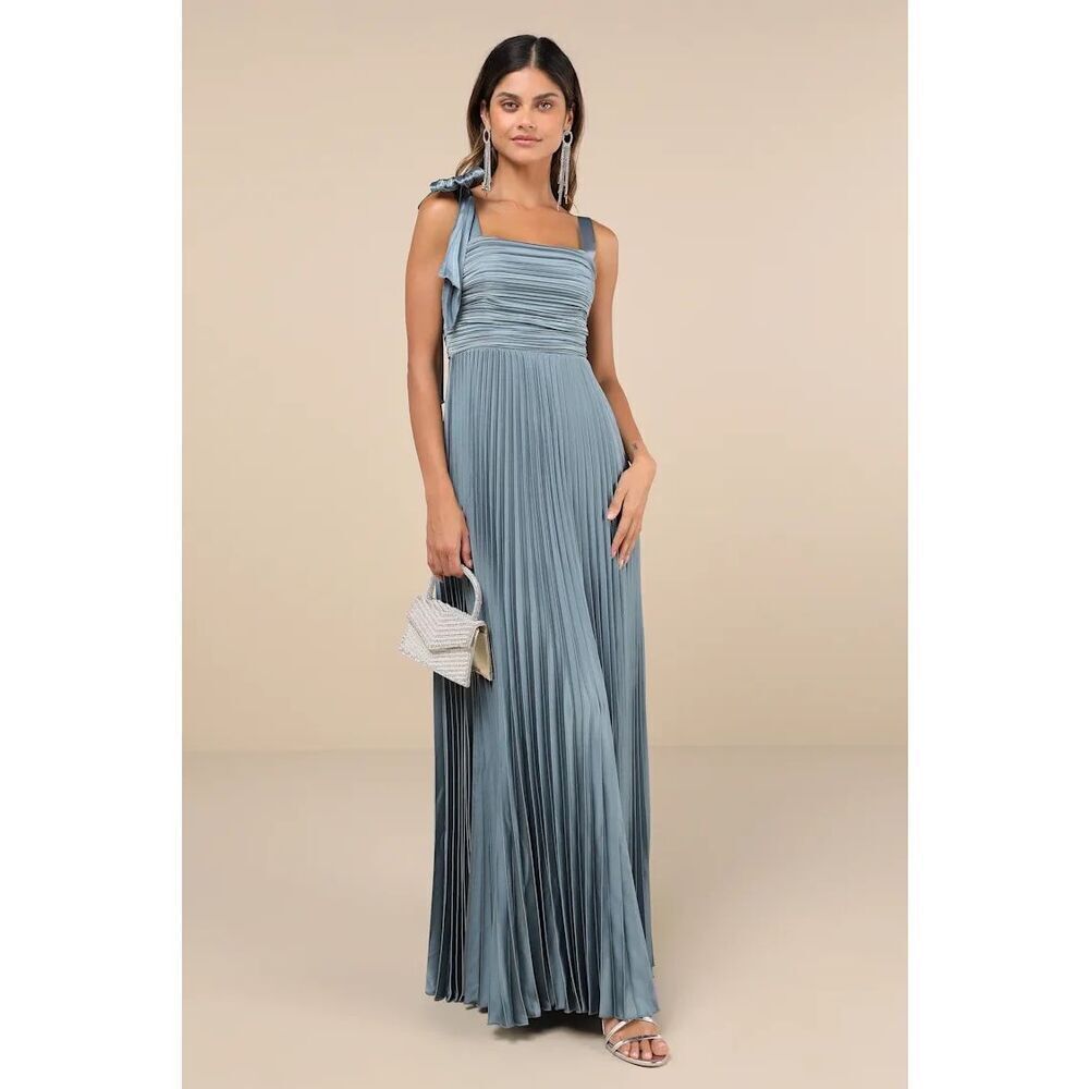 Lulus Gorgeous Purpose Slate Satin Pleated Sleeveless Bow Maxi Dress Size S NWT